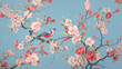 patrón inspirado en chinoiserie con tonos rosados ​​y fondo azul claro