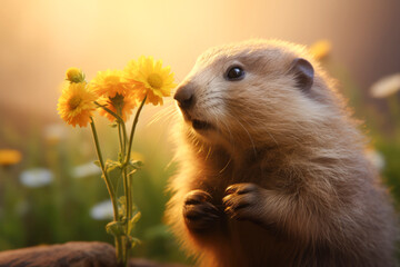 Wall Mural - Groundhog smelling a flower, closeup portrait