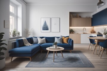 Wall Mural - Navy blue sofa in studio apartment. Scandinavian home interior design of modern living room and kitchen