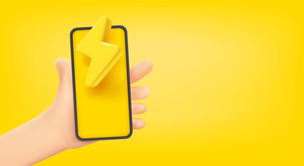Leinwandbilder - Man holding smartphone with golden thunderbolt. 3d vector banner with copy space