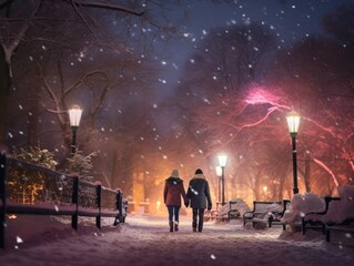 Wall Mural - Two people walking in the snow at night. Generative AI.