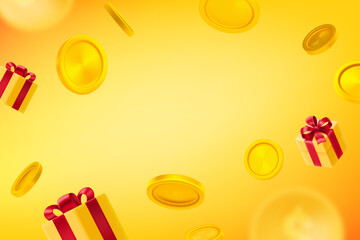 Aufkleber - Golden coins and gift boxes falling down vector illustration