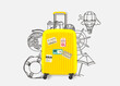 World travel concept with suitcase and doodle elements. Vector 3d illustration 
