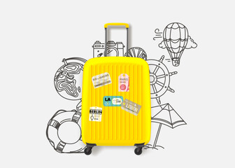 Sticker - World travel concept with suitcase and doodle elements. Vector 3d illustration 
