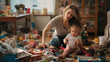 A mother sitting on the floor with her baby amidst a chaotic spread of toys, snacks, and household items, conveying a sense of overwhelming clutter and disarray in a living space.