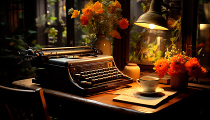 Wall Mural - Typewriter table, old fashioned indoors Old antique wood material close up nostalgia generated by AI