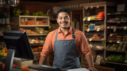 Wall Mural - A smiling male cashier in a retail grocery store stands at the checkout counter with a point-of-sale system, dressed in a uniform with an apron and suspenders, ready to assist customers.