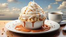 Coffee Cup With Caramel Sauce And Fluffy Whipped Cream. AI Generate Illustration