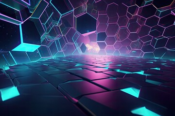 Leinwandbilder - Futuristic 3D geometric shape background, virtual environment filled with holographic, pulsating geometric shapes, creating a surreal, immersive experience, 3D modeling holographic texture