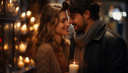 Wall Mural - Young couple embracing, smiling, enjoying winter night, illuminated by Christmas lights generated by AI