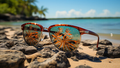 Canvas Print - Sunglasses reflect sunlight, heat, and relaxation on a tropical coastline generated by AI