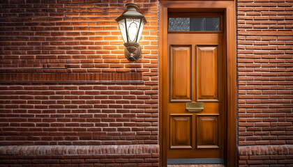 Poster - Ornate lantern handle illuminates rustic brick wall in modern apartment generated by AI