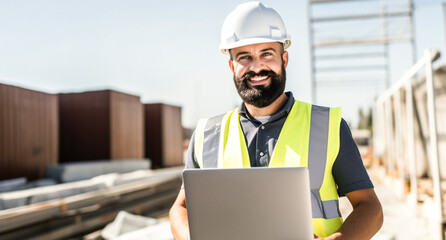 Construction engineer foreman working contact with laptop computer in construction site.


