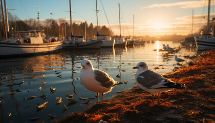 Poster - Seagull sailing on tranquil water, sunset paints nature beauty generated by AI