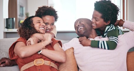 Poster - Home, hug and happy African family love, bonding and smile together for children support, care and relax weekend. Happiness, living room couch and young youth kids, mother and father embrace brothers