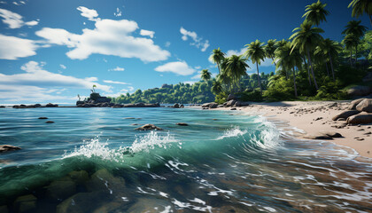 Sticker - Tropical coastline, blue water, palm tree, tranquil scene generated by AI