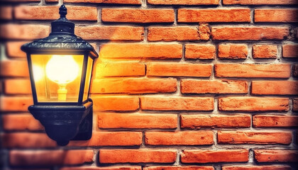 Wall Mural - Ancient lantern hanging on weathered brick wall, glowing bright yellow generated by AI