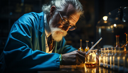 Poster - A mature scientist, wearing eyeglasses and a beard, working indoors generated by AI