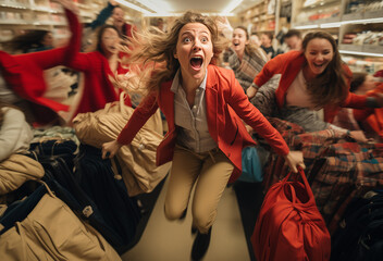 A hysterical woman runs to a sale in a store, ai generated