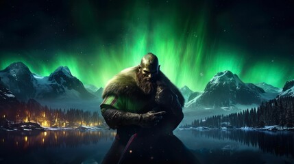 an image of a viking with the aurora light behind him