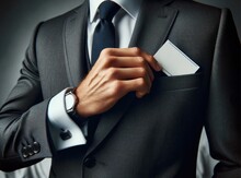 Close-up Photo Of A Man's Upper Body, Dressed In A Stylish Suit And His Hand, With A Cuff And Cufflink Putting Business Card In His Pocket