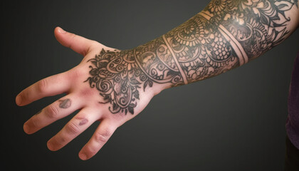 Poster - Elegant henna tattoo design on young woman hand, gold background generated by AI