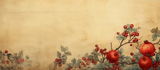 Wall Mural - The vintage retro wallpaper had a grunge texture and a red background with a faded old paper pattern creating a natural and healthy atmosphere adorned with pomegranate fruit