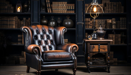 Poster - Luxury old fashioned library with comfortable leather armchair and bookshelf generated by AI