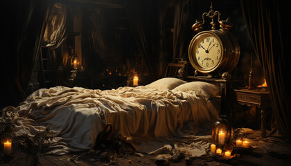 Poster - Comfortable old fashioned bedroom with antique clock and illuminated candle decoration generated by AI