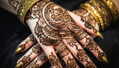 Poster - Elegant bride hand adorned with ornate multi colored jewelry and henna generated by AI