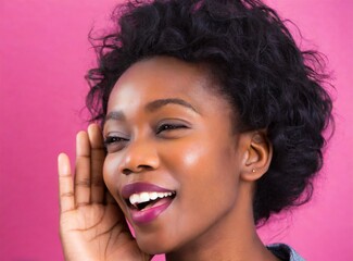 Poster - African brunette woman isolated on pink background