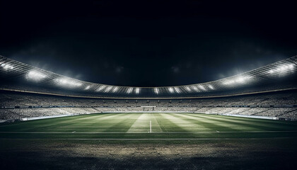 Sticker - Digital composite of crowded soccer field illuminated by floodlights generated by AI