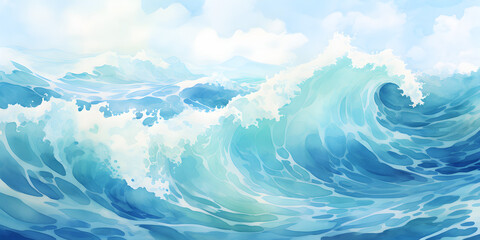  Watercolor illustration of blue ocean with waves, abstract background