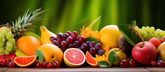 Wall Mural - The Asian tropical background blended with the vibrant color texture and aroma of fresh organic fruits reflects the health benefits of a natural and nutritious diet promoting healthy skin a