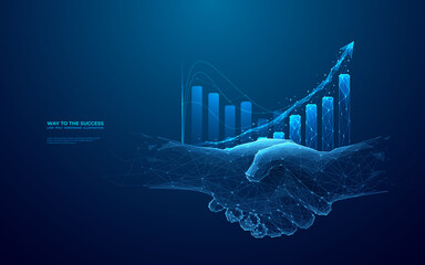 Leinwandbilder - Chart graph with up arrow hologram and businessmen handshake on technology background. Rise chart bar. Stock market or growth business concept. Digital low poly light blue style. Vector illustration.
