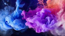 Bluish Smoke Cloud Of Colored Powder Images, In The Style Of Bright Orange, Purple And Blue Colors, Video Glitches, High Quality Photography, Colorful Explosions, Striking Composition, Psychedelic. AI