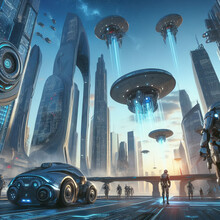 Futuristic Scene With Skyscrapers, Hovercrafts And Robots