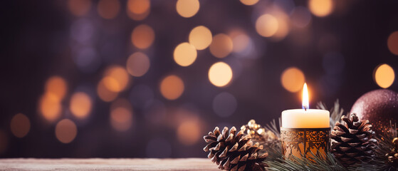 Christmas - Banner Of 1 candle and xmas ornament, Pine-cones And green Spruce Branches minimal purple background and lights in the back, with empty copy space