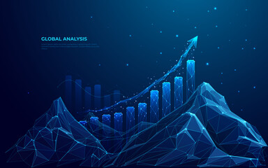 Aufkleber - Abstract digital mountain and growth graph chart on technology blue background. Milestone and success business concept. Mountain range landscape and arrow up with histogram. Vector illustration.