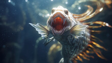 Vivid Fish With Open Mouth, Amidst Underwater Light.