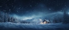 Cosy Snowy Winter Night Landscape With Lonely House In The Mountains And Forest