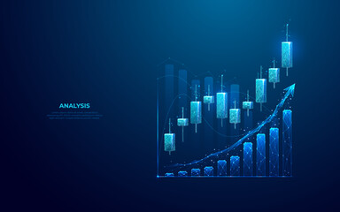 Leinwandbilder - Stock market or trading graph chart on technology blue background. Forex Japanese candlesticks as holograms. Finance and trade concept. Exchange metaphor. Low poly abstract vector illustration.