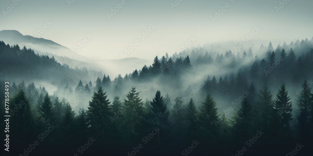 Mystic foggy dark green pine tree forest, landscape background Stock ...