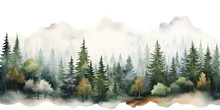 Watercolor Illustration Of Pine Tree Forest With Fog, Abstract Background