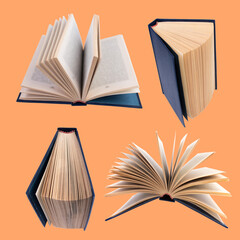 Wall Mural - collection of various books isolated on orange background. each one is shot separately.