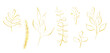 Golden texture Christmas set of evergreen twigs. Yellow colours. Cut out hand drawn illustrations drawing.