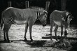 Grayscale of zebras in a yard