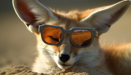 Poster - Cute puppy in sunglasses sits on sand, enjoying summer sunlight generated by AI