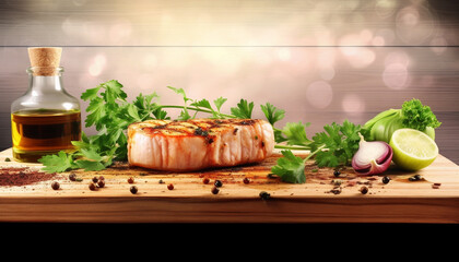 Canvas Print - Grilled steak fillet with garlic herb sauce on wooden plate generated by AI