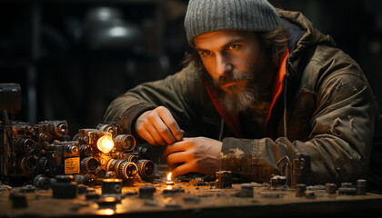 Wall Mural - Young adult Caucasian male working with machinery in a metal factory generated by AI